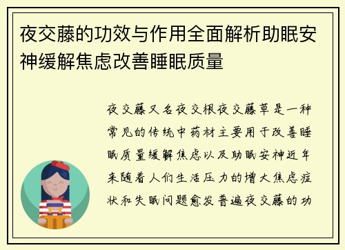 夜交藤的功效与作用全面解析助眠安神缓解焦虑改善睡眠质量